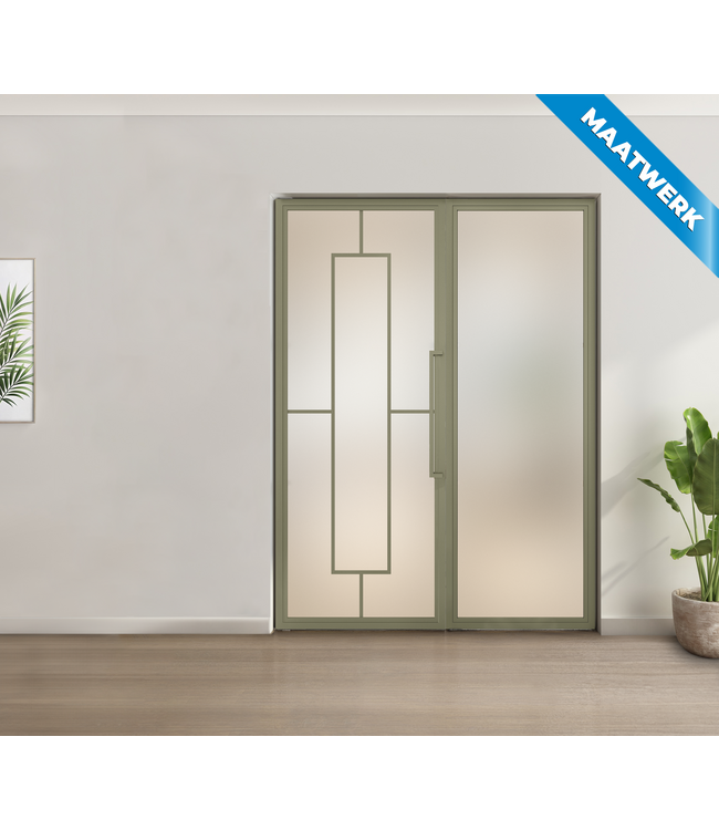 Enkele stalen taatsdeur met glaspaneel - Olijfgroen - 5 Vlaks - Rook glas