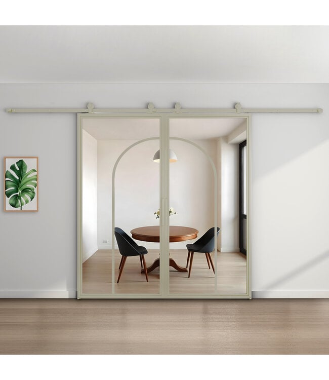 Dubbele stalen schuifdeur - Kiezelgrijs- 2 Vlaks rond - Rookglas