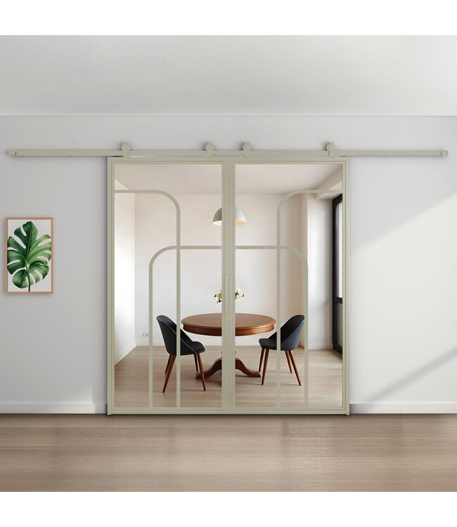Dubbele stalen schuifdeur - Kiezelgrijs- 4 Vlaks rond - Rookglas