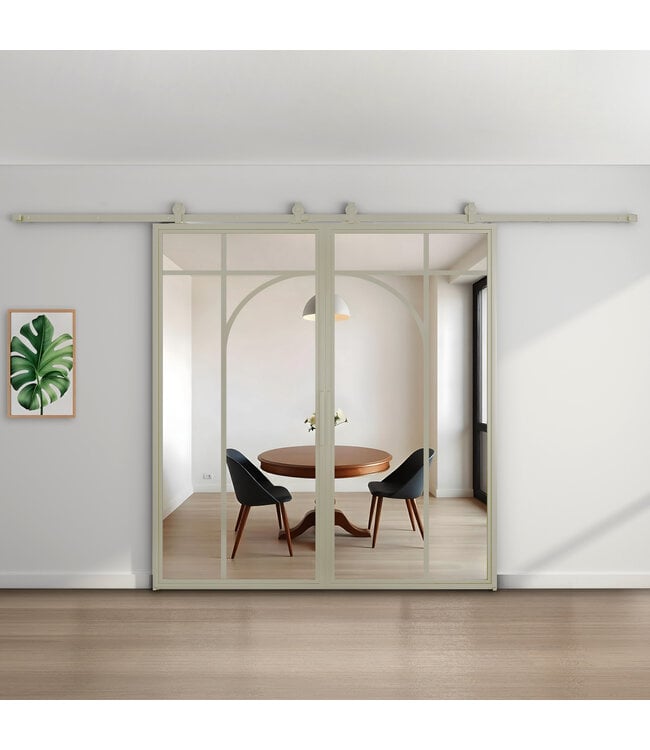 Dubbele stalen schuifdeur - Kiezelgrijs- 5 Vlaks rond - Rookglas