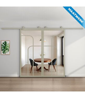 Dubbele stalen Schuifdeuren - Kiezelgrijs - 4 Vlaks rond - Maatwerk - Helder glas