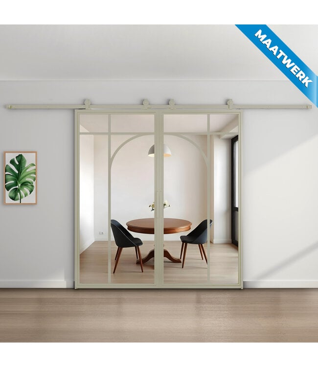 Dubbele stalen Schuifdeuren - Kiezelgrijs - 5 Vlaks rond - Maatwerk - Rookglas