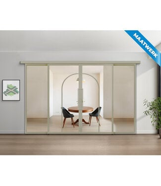 Dubbele stalen Schuifdeuren met koofsysteem en glaspanelen - Kiezelgrijs - 2 Vlaks rond - Maatwerk - Helder glas