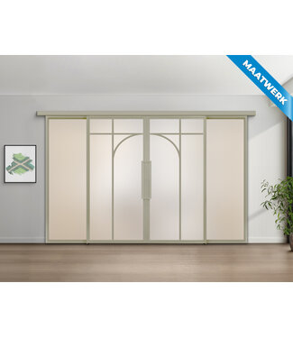 Dubbele stalen Schuifdeuren met koofsysteem en glaspanelen - Kiezelgrijs - 5 Vlaks rond - Maatwerk - Matglas