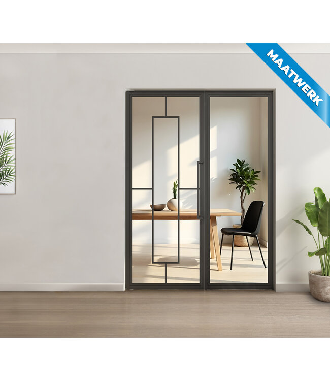 Enkele stalen taatsdeur met glaspaneel - Zwart - 5 Vlaks - Mat glas