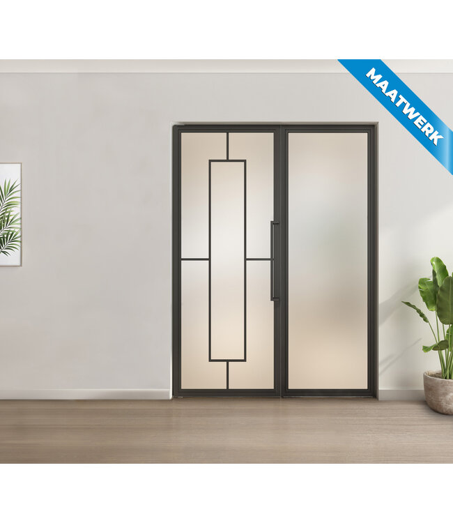Enkele stalen taatsdeur met glaspaneel - Zwart - 5 Vlaks - Mat glas