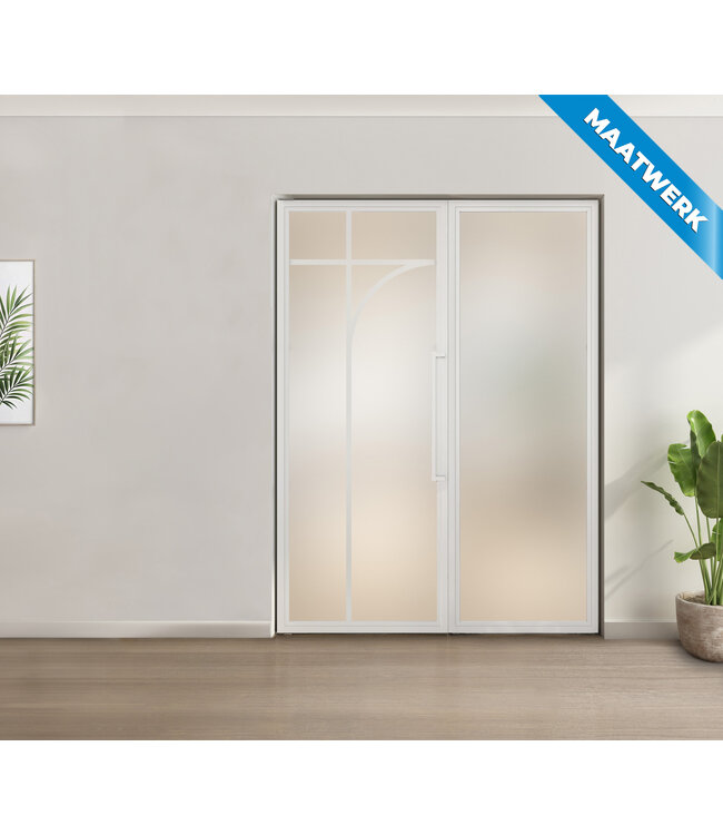 Enkele stalen taatsdeur met glaspaneel - Wit - 5 Vlaks rond - Mat glas
