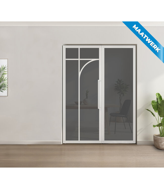 Enkele stalen taatsdeur met glaspaneel - Wit - 5 Vlaks rond - Mat glas