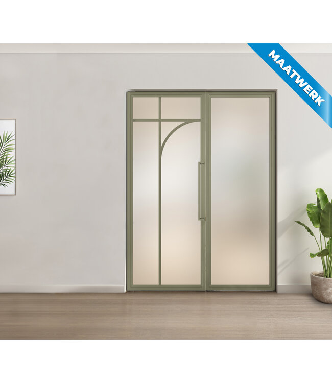 Enkele stalen taatsdeur met glaspaneel - Olijfgroen - 5 Vlaks rond - Rook glas