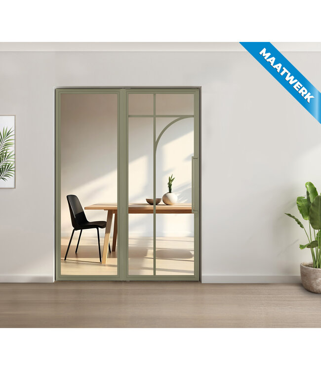 Enkele stalen taatsdeur met glaspaneel - Olijfgroen - 5 Vlaks rond - Mat glas
