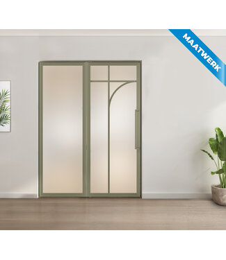 Enkele stalen taatsdeur met glaspaneel - Olijfgroen - 5 Vlaks rond - Mat glas