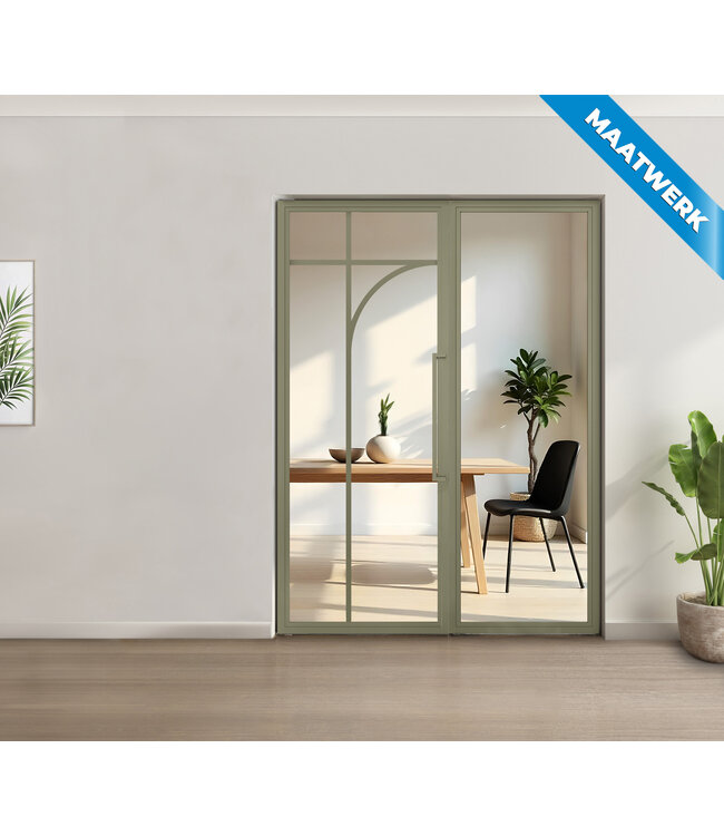 Enkele stalen taatsdeur met glaspaneel - Olijfgroen - 5 Vlaks rond - Mat glas