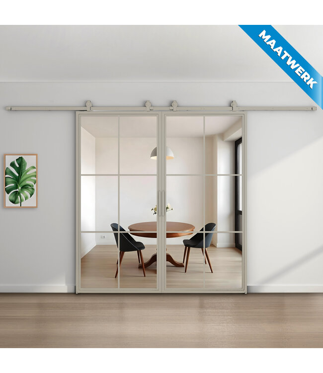 Dubbele stalen Schuifdeuren - Kiezelgrijs - 6 Vlaks - Maatwerk - Rookglas