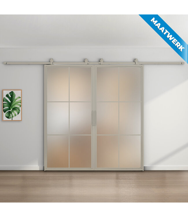 Dubbele stalen Schuifdeuren - Kiezelgrijs - 6 Vlaks - Maatwerk - Rookglas