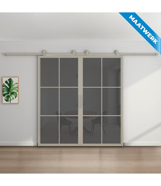 Dubbele stalen Schuifdeuren - Kiezelgrijs - 6 Vlaks - Maatwerk - Rookglas