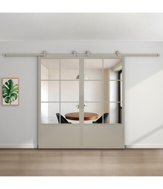 Dubbele stalen schuifdeur - Kiezelgrijs - 6 Vlaks met kickplate - Helder glas