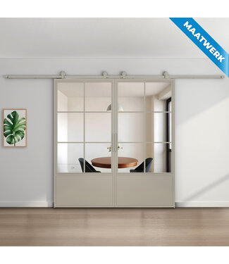 Dubbele stalen Schuifdeuren - Kiezelgrijs - 6 Vlaks met kickplate - Maatwerk - Helder glas