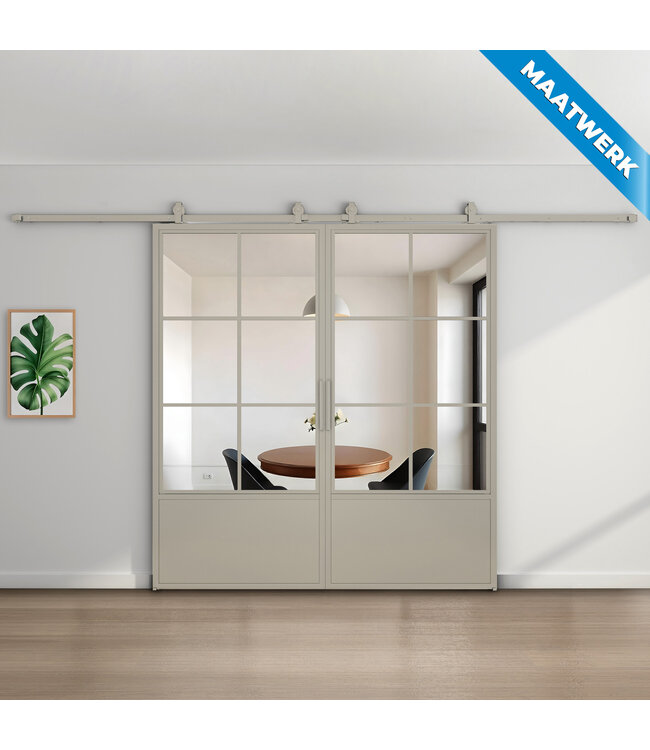 Dubbele stalen Schuifdeuren - Kiezelgrijs - 6 Vlaks met kickplate - Maatwerk - Matglas
