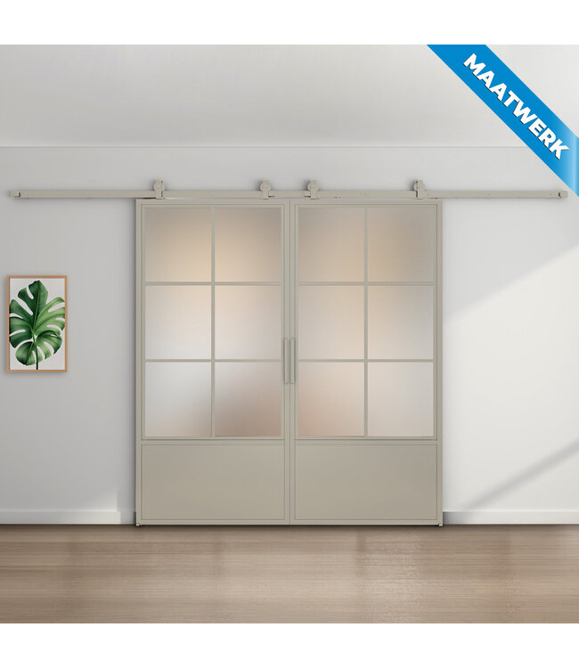 Dubbele stalen Schuifdeuren - Kiezelgrijs - 6 Vlaks met kickplate - Maatwerk - Rookglas