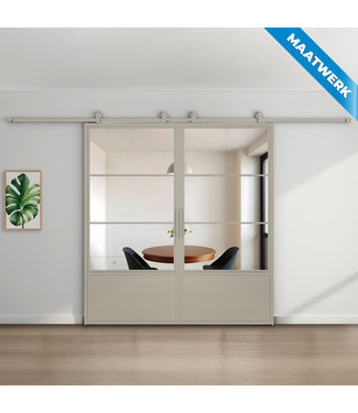 Dubbele stalen Schuifdeuren - Kiezelgrijs - 3 Vlaks met kickplate - Maatwerk - Helder glas