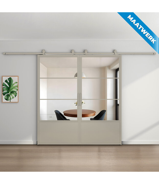 Dubbele stalen Schuifdeuren - Kiezelgrijs - 3 Vlaks met kickplate - Maatwerk - Rookglas