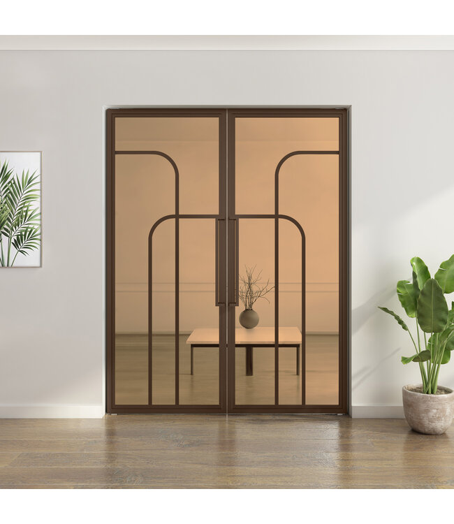 Dubbele stalen taatsdeur - Brons - 4 Vlaks rond - Helder glas*