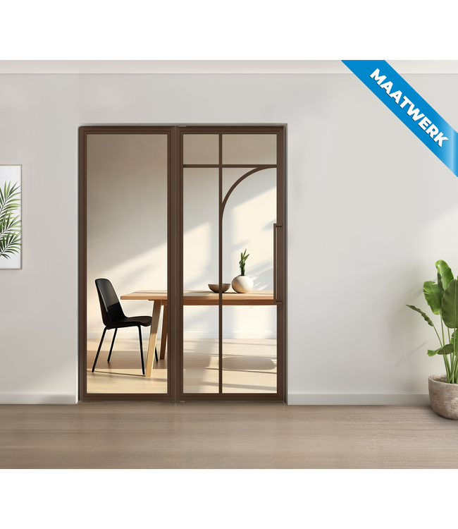 Enkele stalen taatsdeur met glaspaneel - Brons - 5 Vlaks rond - Rook glas