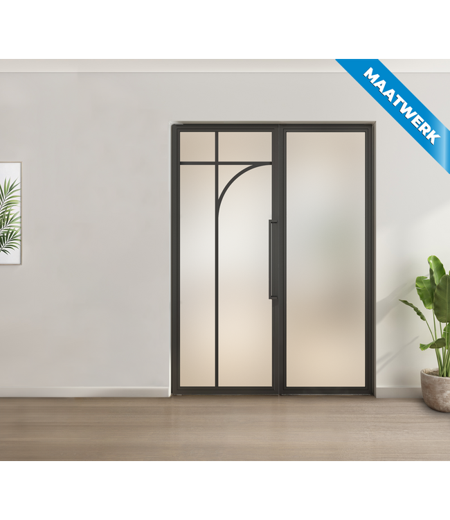 Enkele stalen taatsdeur met glaspaneel - Zwart- 5 Vlaks rond - Mat glas