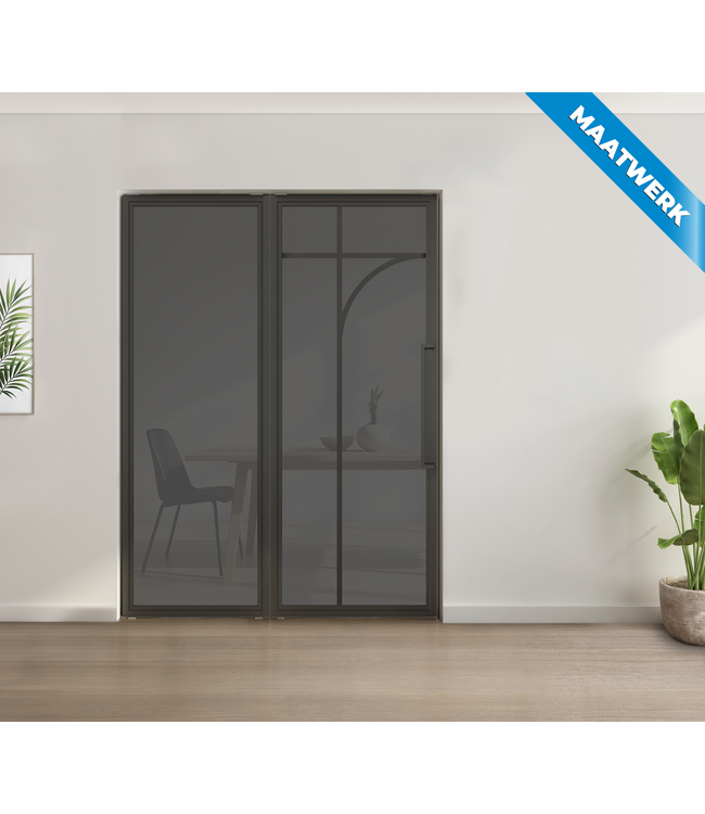 Enkele stalen taatsdeur met glaspaneel - Zwart- 5 Vlaks rond - Mat glas