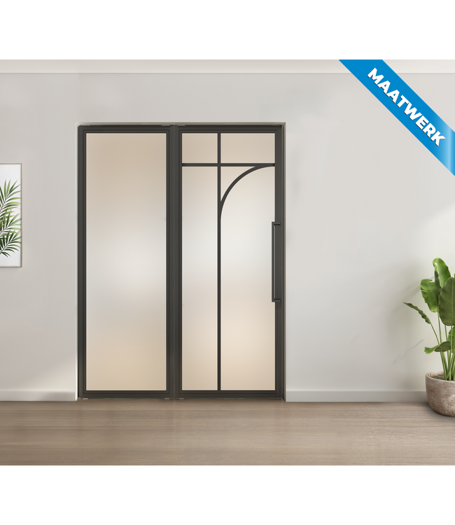 Enkele stalen taatsdeur met glaspaneel - Zwart- 5 Vlaks rond - Helder glas