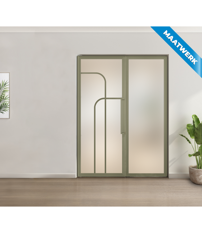 Enkele stalen taatsdeur met glaspaneel - Olijfgroen - 4 Vlaks rond - Mat glas