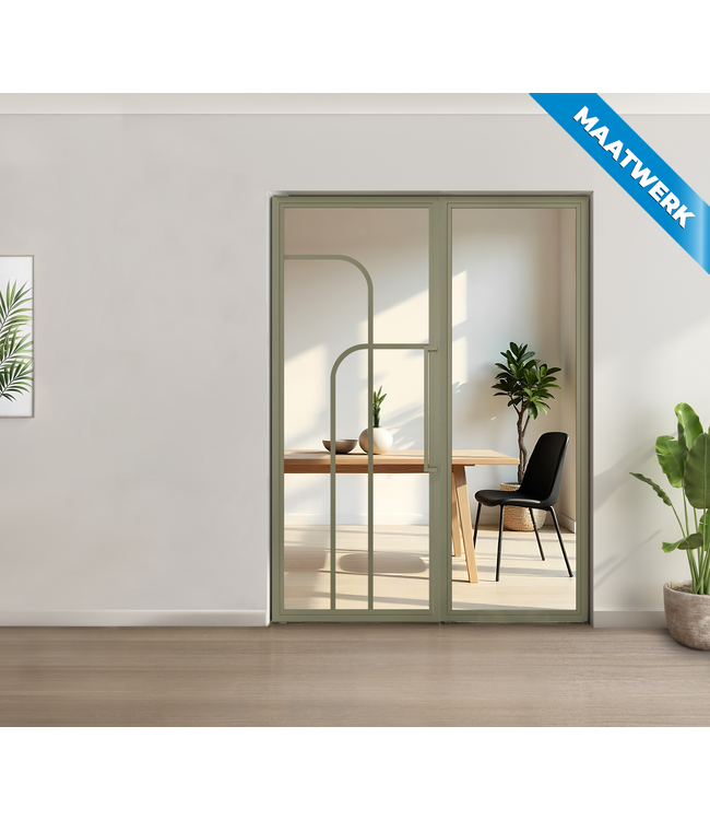 Enkele stalen taatsdeur met glaspaneel - Olijfgroen - 4 Vlaks rond - Helder glas