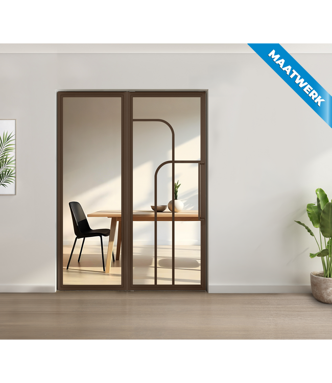 Enkele stalen taatsdeur met glaspaneel - Brons - 4 Vlaks rond - Rook glas
