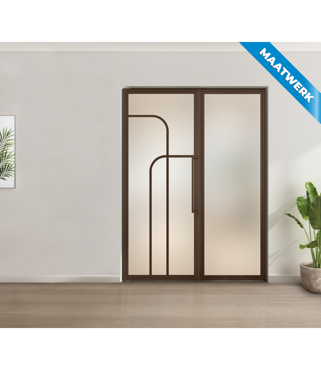 Enkele stalen taatsdeur met glaspaneel - Brons - 4 Vlaks rond - Rook glas