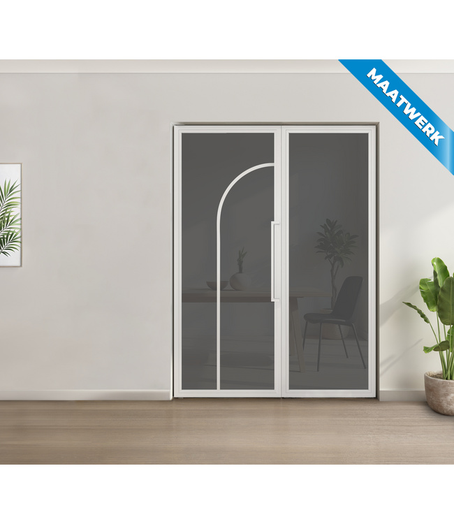 Enkele stalen taatsdeur met glaspaneel - Wit - 2 Vlaks rond - Rook glas