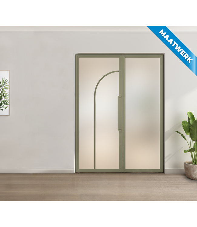 Enkele stalen taatsdeur met glaspaneel - Olijfgroen - 2 Vlaks rond - Mat glas