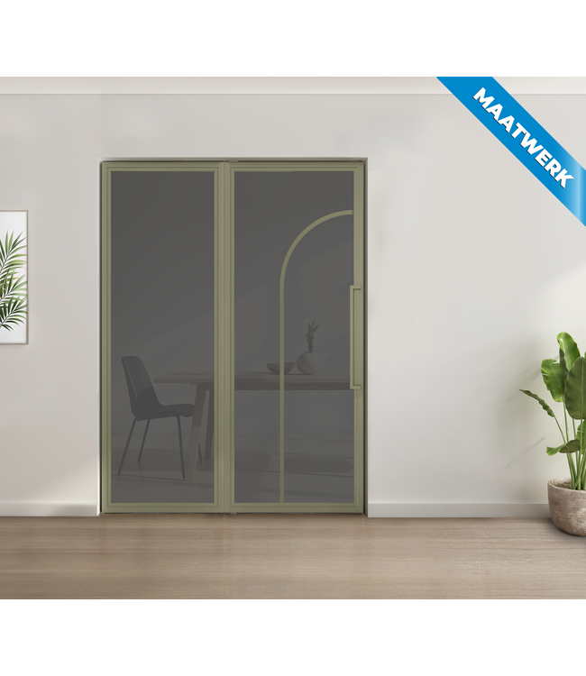 Enkele stalen taatsdeur met glaspaneel - Olijfgroen - 2 Vlaks rond - Helder glas