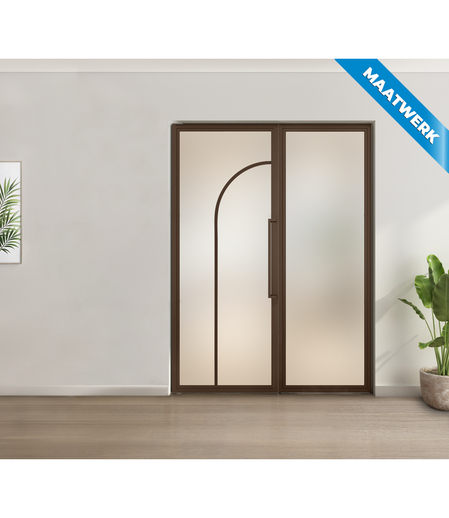 Enkele stalen taatsdeur met glaspaneel - Brons - 2 Vlaks rond - Mat glas