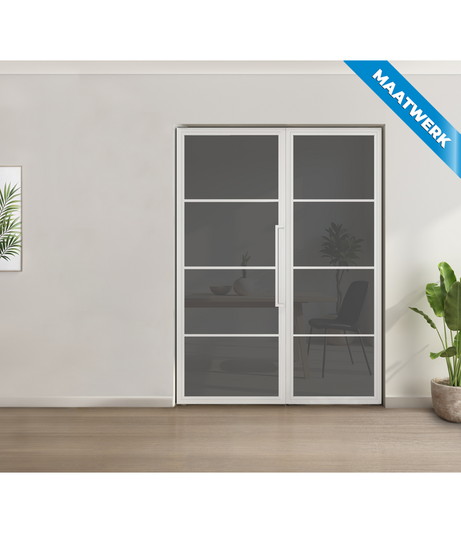 Enkele stalen taatsdeur met glaspaneel, 4 vlaks, wit, rook glas