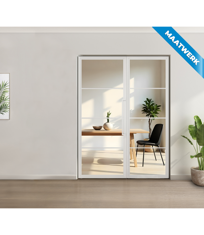 Enkele stalen taatsdeur met glaspaneel, 4 vlaks, wit, mat glas