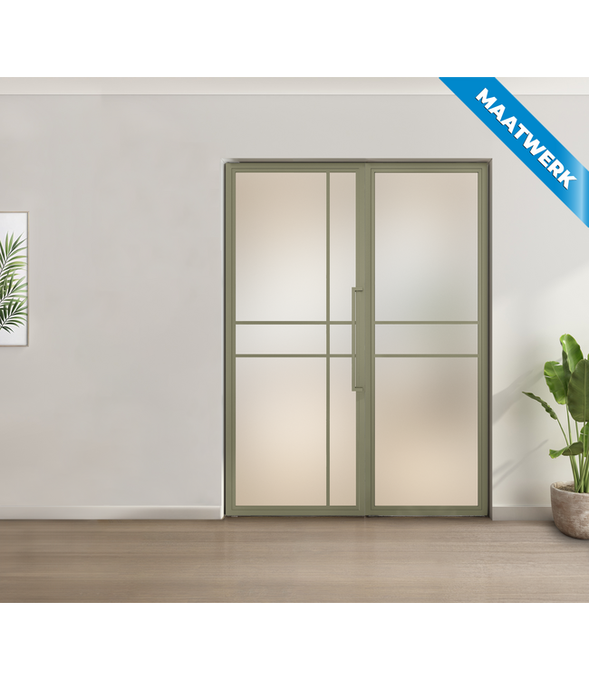 Enkele stalen taatsdeur met glaspaneel, 6 vlaks, olijfgroen, rook glas