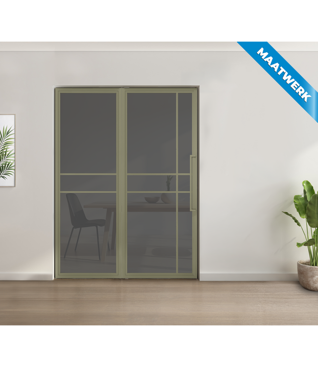 Enkele stalen taatsdeur met glaspaneel, 6 vlaks, olijfgroen, mat glas