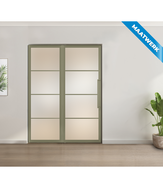 Enkele stalen taatsdeur met glaspaneel, 4 vlaks, olijfgroen, rook glas