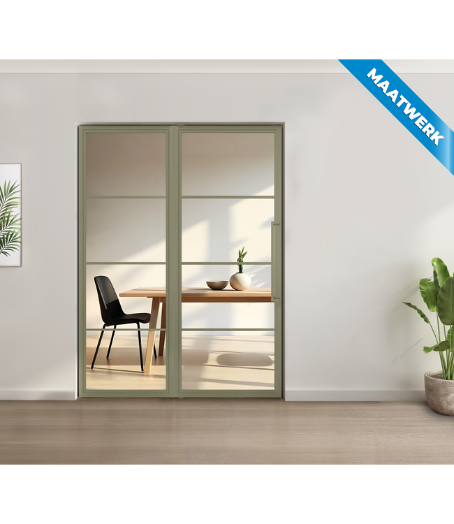Enkele stalen taatsdeur met glaspaneel, 4 vlaks, olijfgroen, mat glas