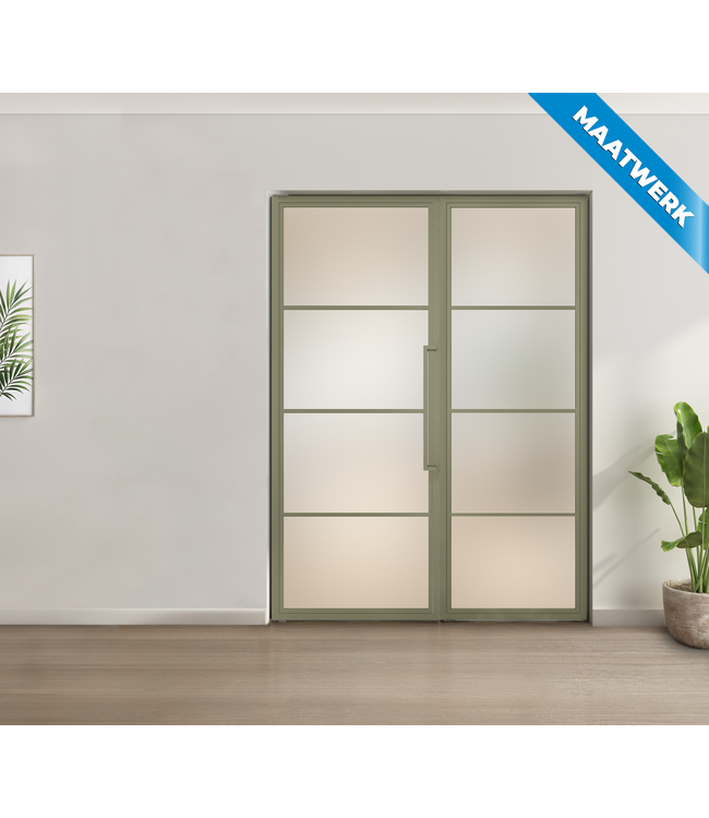 Enkele stalen taatsdeur met glaspaneel, 4 vlaks, olijfgroen, mat glas