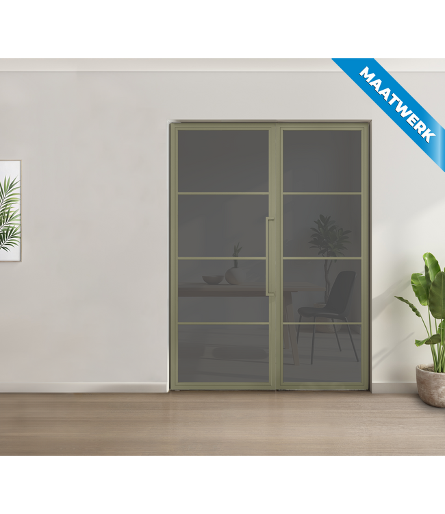 Enkele stalen taatsdeur met glaspaneel, 4 vlaks, olijfgroen, mat glas