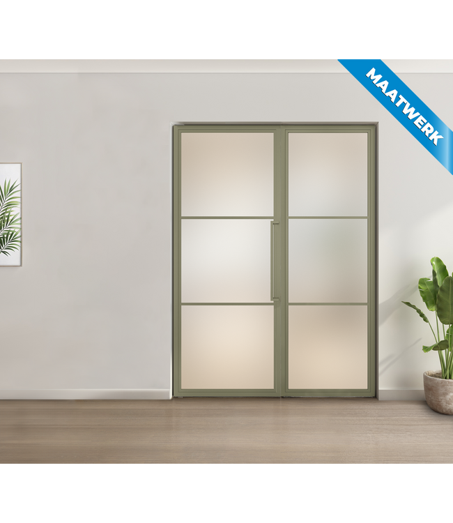 Enkele stalen taatsdeur met glaspaneel, 3 vlaks, olijfgroen, helder glas