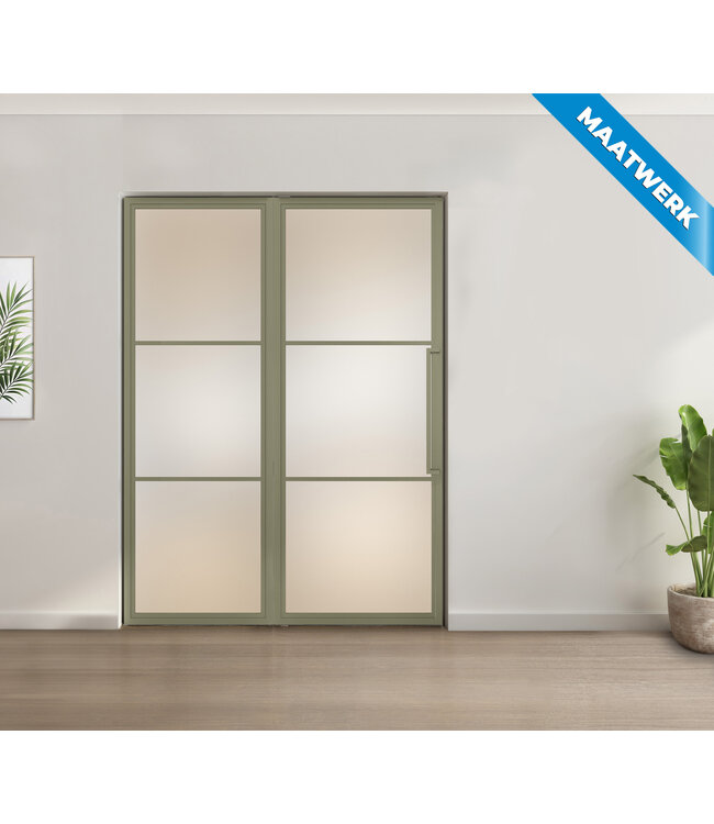 Enkele stalen taatsdeur met glaspaneel, 3 vlaks, olijfgroen, helder glas