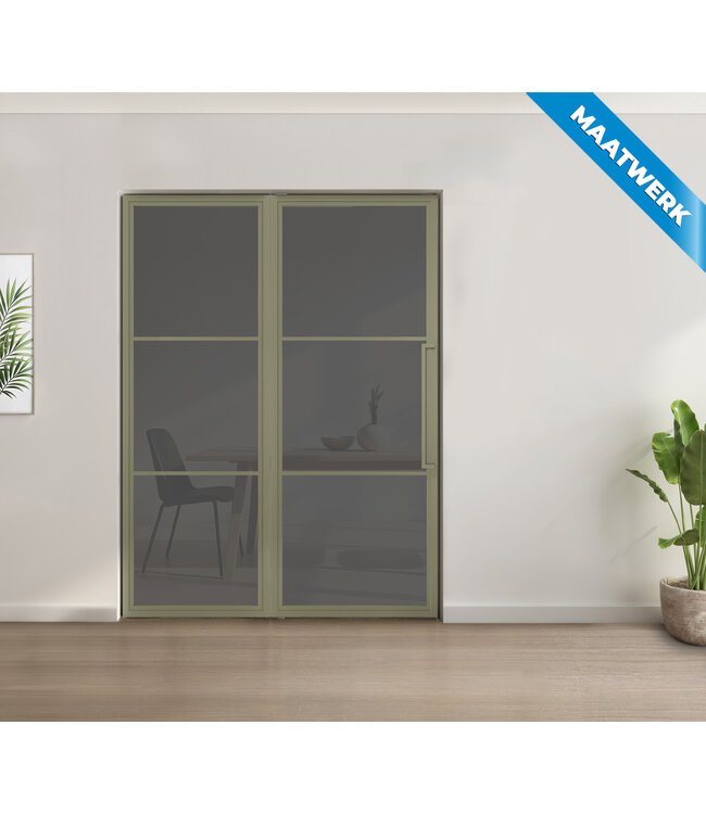 Enkele stalen taatsdeur met glaspaneel, 3 vlaks, olijfgroen, helder glas