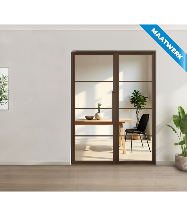 Enkele stalen taatsdeur met glaspaneel, 4 vlaks, brons, mat glas
